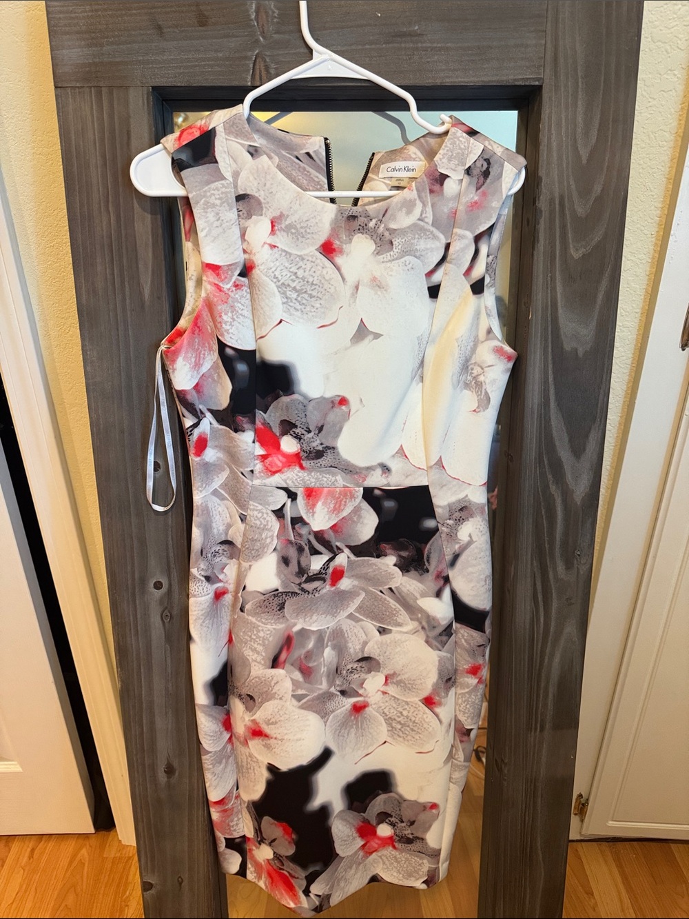 Calvin Klein Sleeveless Floral Midi Dress in White, Black and Pink
